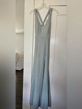 Speechless Silver-green Sparkle V-Neck Maxi Dress with Crisscross Back